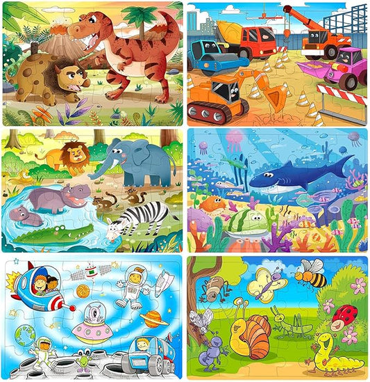Wooden Puzzles for Kids Ages 3-5, 24 Piece Colorful Learning Toys for Toddler Children - Educational for Boys and Girls (6 Puzzles)