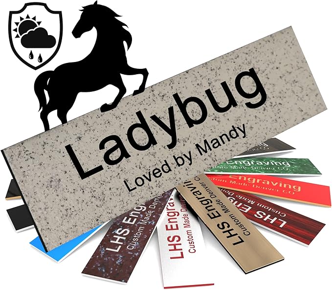 Personalized Horse Stall Name Plates, 2x10 Horse Stall Signs with Adhesive, All Weather UV Protected, Stone Granite Pattern Plastic Black Letters - Made in USA - S3