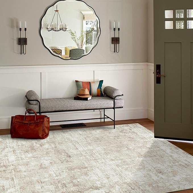 4x6 Area Rugs for Living Room Rug Washable: Modern Large Rug for Dining Room Bedroom Carpet Non Slip Low Pile 4 by 6 Indoor Abstract Nursery Home Office Beige