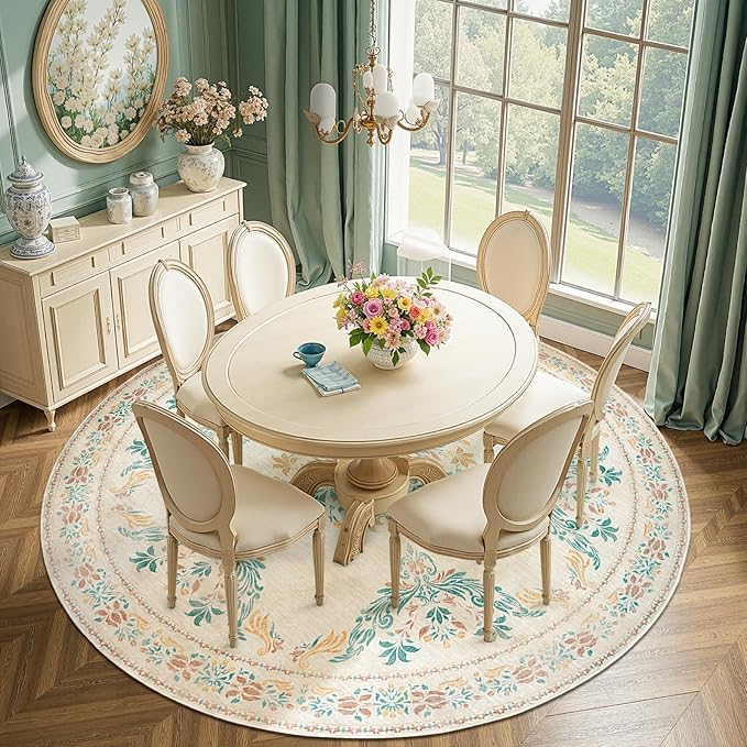 jinchan Round Rug 8ft Area Rugs,Vintage Floral Distressed Design Machine Washable Soft Non-Slip Low-Pile Ultra-Thin Circle Rug for Living Room Dining Room Bedroom Home Office (8' Round,Apricot Multi)