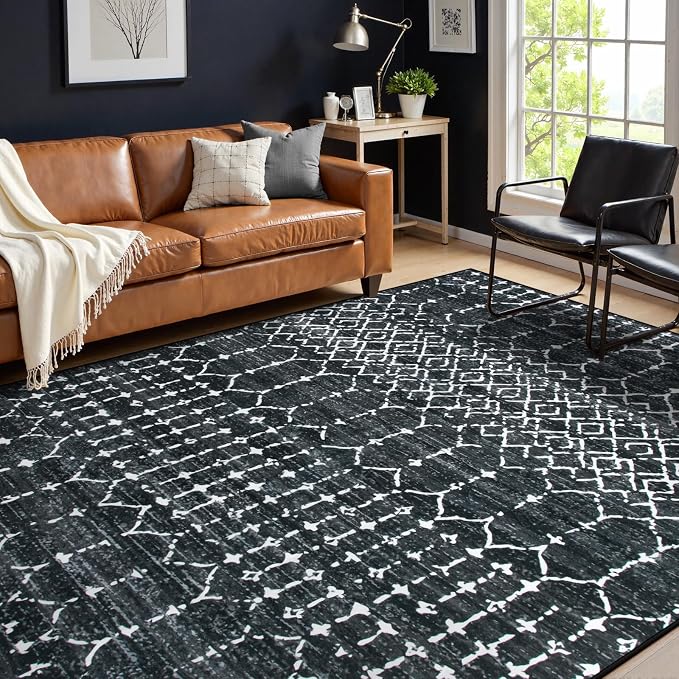 Lahome Moroccan Black Area Rugs 8x10 Living Room Non-Slip Backing Ultra-Thin