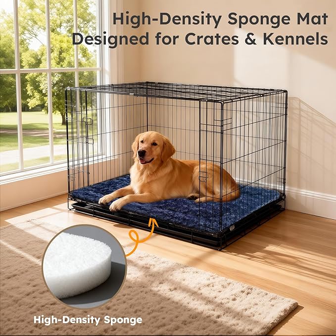Dog Bed Mat, Dual-Sided Dog Crate Bed Mat - Ultra Soft & Machine Washable Kennel Pad for Large Dogs, All-Season Comfort Pet Bed for Crates, Travel, and Home, Dark Blue 35 x 23 Inch