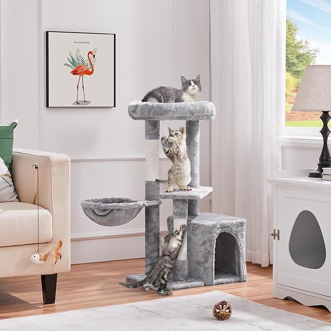 Topeakmart Cat Tree Tower for Indoor Cats, 34.5in Cat Activity Center with Condo & Scratching Post, Cat Climbing Tower Play House w/Large Perch, Platform, Basket for Kitten, Light Gray