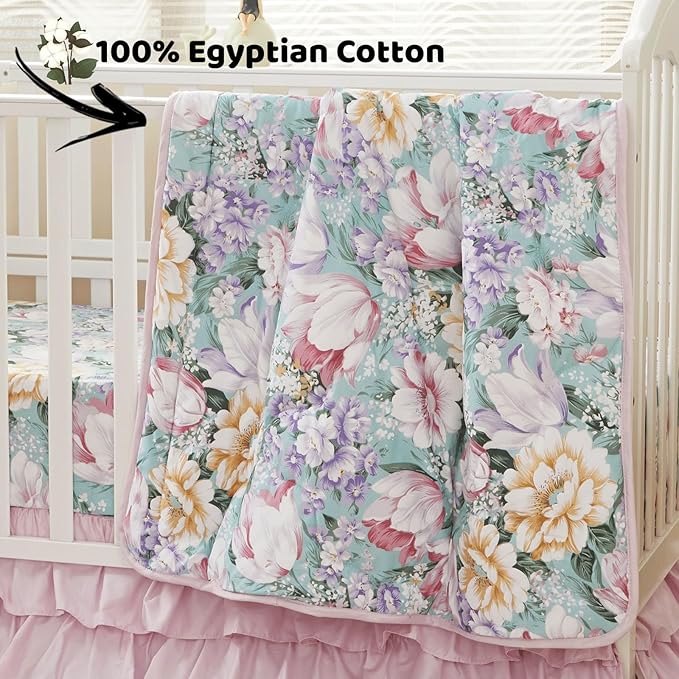 Brandream Crib Bedding Sets for Girls Garden Floral Nursery Set 3-Piece | Ruffled Baby Comforter, Crib Sheet and Tulle Lace Crib Bed Skirt, Green White