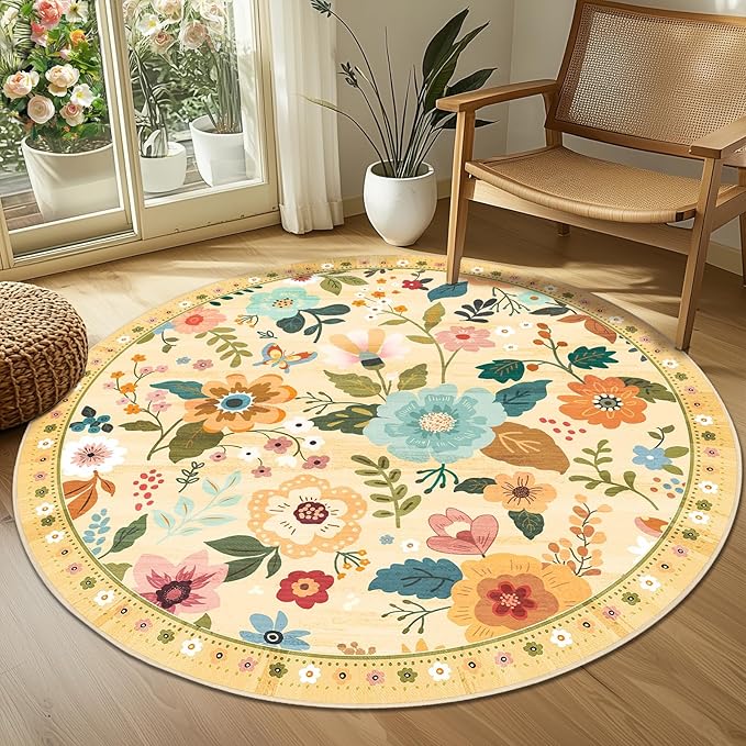 Floral 4ft Area Rug Machine Washable Soft Print Boho Carpet Non Slip Doormat Low Pile Flower Area Rugs for Living Room Bedroom Nursery Kitchen Dining Room Indoor-Ivory/Yellow