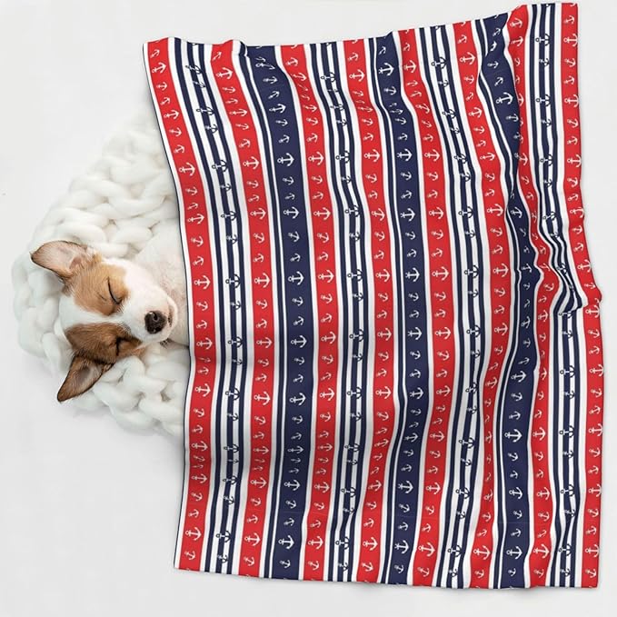 Double Sided Pet Bed Blanket for Added Cushion Warmth, Nautical Anchor Seamless Pattern Blue and Red Stripe, Reversible Cover with Textured Dot Surface for Existing Beds Standalone Mat