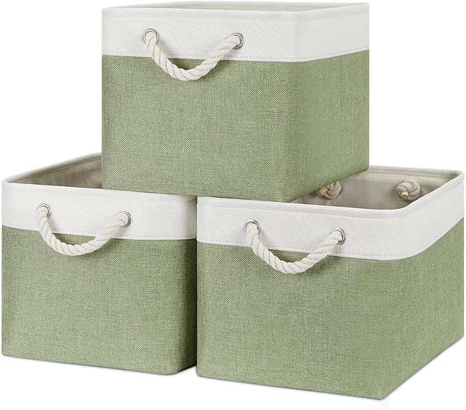 Bidtakay Large Fabric Baskets for Organizing [3-pack] Closet Organizers and Storage Baskets for Gifts Empty Foldable Nursery Baskets for Toy Storage 15 X 11 X 9.5 Inches (White&green)