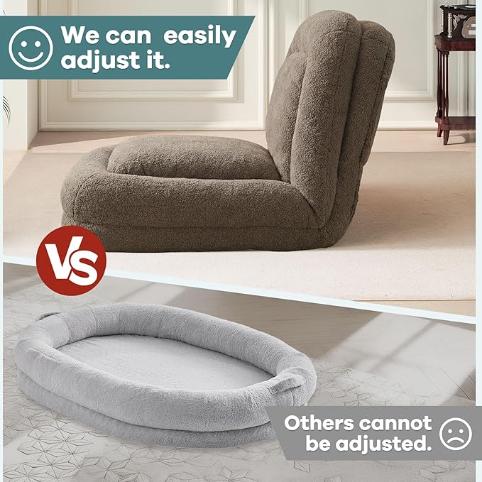 Human Dog Bed for Adults & Pets, 5-Position Adjustable Floor Chair, Convertible Lazy Sofa Bed with Metal Frame & 2 Pillows, Plush Gaming Lounge for Living Room Bedroom Office (Taupe)