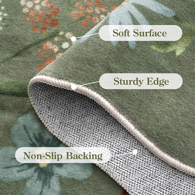 Lahome Floral Round Area Rugs, Washable Small Round Rug 3ft Non-Slip, Soft Boho