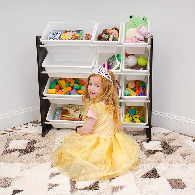 Humble Crew Kids Toy Storage Organizer with 12 Plastic Bins, Espresso/White – Removable Bins for Playroom, Bedroom, Toddler Furniture for Boys and Girls Ages