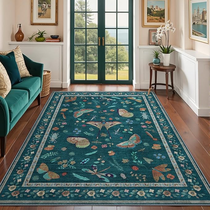 5x7 Washable Area Rug with Insect Print - Bug Rug Non-Shedding Stain Resistant Soft Carpet for Bedroom, Low Pile Ultra-Thin Machine Washable Carpet for Dining Room, Kids Nursery, Office (5'x7' Teal)