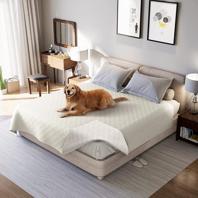 Waterproof Dog Bed Covers for Couch Protection, Water-Resistant Soft Dog Pet Blanket Anti-Slip Dog Blanket for Bed, for Furniture Bed Couch Sofa (Ivory White,96x82inch)