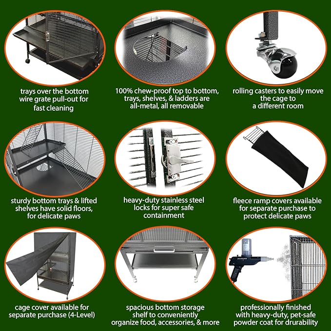 Durable All-Metal Mansion Cage for Chinchillas, Rats, Ferrets, Degus, Prairie Dogs (4-Level)