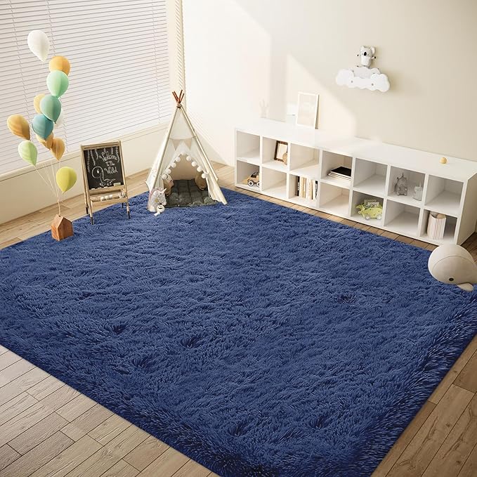 6x9 Area Rug for Living Room: Fluffy Shag Soft Washable Rugs Large Fuzzy Plush Indoor Carpet for Bedroom Nursery Playroom Kids Girls Boys Room (Navy Blue, 6'x9')