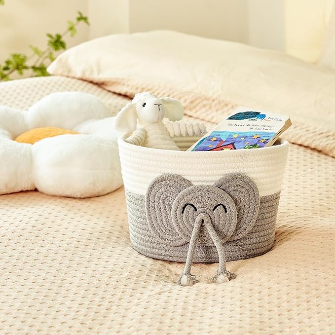 Adorable Small Elephant Cotton Rope Basket - Gift Empty Baskets - Toy Storage Basket, Woven Basket for Baby Essentials, Decorative Woven Basket for Nurseries and Playrooms (11"x7")