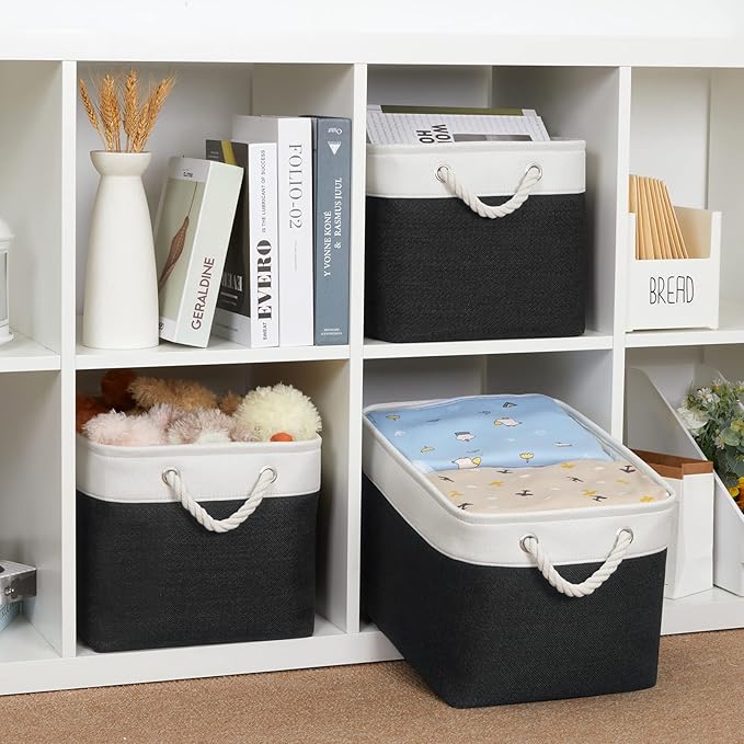 Bidtakay Black Storage Baskets for Shelves [3-pack] Collapsible Organizer Baskets for Laundry Storage 15 X 11 X 9.5 Inches Dog Toy Bins Fabric Storage Bins for Bedroom Home Storage
