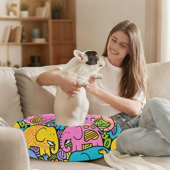 Cute Cartoon Colorful Elephant Calming Anti Anxiety Pet Orthopedic Dog Bed for Small Dogs Supplies Dog Beds and Furniture