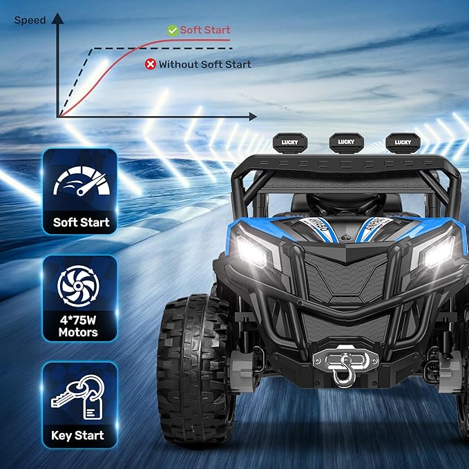 ANPABO 24V 4X4 Ride on Car Truck w/Remote Control, 4WD/2WD Switchable Kids UTV, 19" Spacious Seat, 4 Shock Absorbers, Soft Start, Music Player, Electric Car for Kids (Blue)