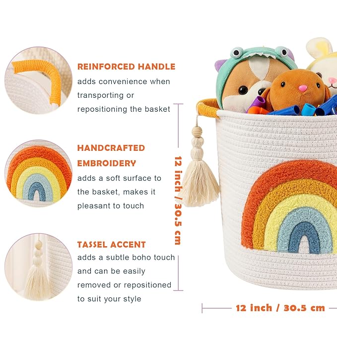 INough Toy Storage Baskets Woven Cotton Rope Storage Basket Kids Blanket Baskets for Living Room, Toys Organizer with Embroidery Colorful Rainbow Decor, Baby Basket for Laundry Nursery (Boho Rainbow)