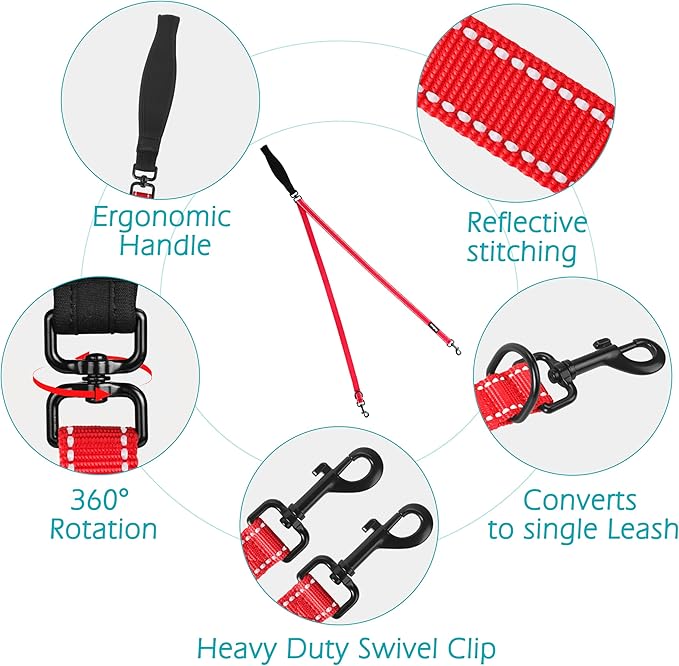 PetBonus Two Point Control Dog Leash, Works with No Pull Harnesses, No Tangle Training Leashes, Soft Padded and Reflective Walking Lead, Converts to Single Lead for Medium Large Dogs (Red)