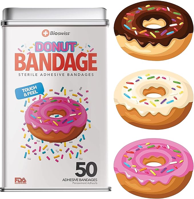 BioSwiss Bandages, Donut Shaped Self Adhesive Bandage, Latex Free Sterile Wound Care, Fun First Aid Kit Supplies for Kids, 50 Count