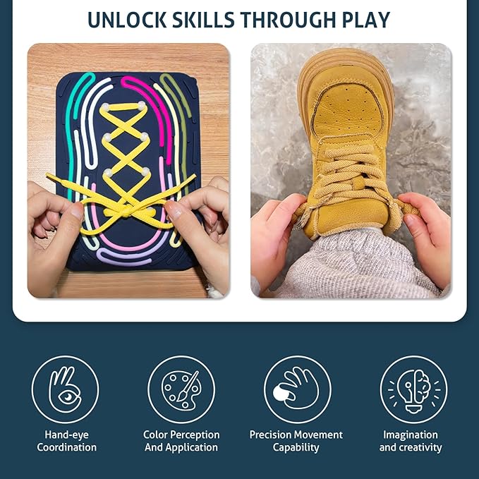 Sensory Activity Board: Silicone Fidget Toy | Shoe Tying Practice & Portable Travel Strap | Silence Stress Relief for ADHD & Autism | Anxiety Calming | Kids 3+ & Adults Ready Packaging
