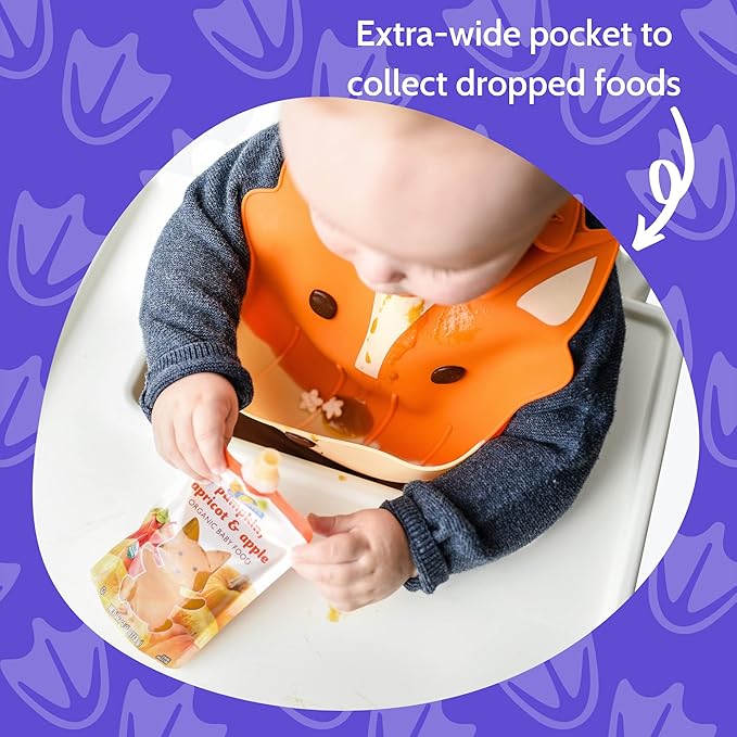 Silly Goose Set of 2 Silicone Baby Bibs, for Babies and Toddlers, Waterproof, Adjustable, Soft, Extra Wide Food Catcher Pocket, Animals (2PK Fox+Hippo)