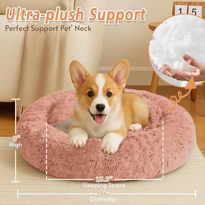 JOLLYVOGUE Calming Dog & Cat Bed for Large Dogs, Anti-Anxiety Donut Cuddler Cozy Soft Round Bed with Anti-Slip Bottom, Fluffy Faux Fur Plush Cushion Beds for Medium Dogs (36")