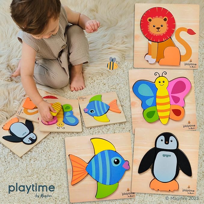 MAGIFIRE Toddler Puzzles Wooden Set of 4-4-Pack Multicolor Wood Animal Shapes with Storage Bag & Giftable Box - Wooden Puzzles for Toddlers 1-3 - Shape Recognition & Fine Motor Skills