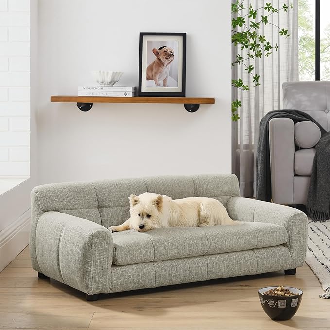 38" Pet Sofa Couch for Small and Medium Dogs, Soft Foam Cushion Dog Couch with Backrest & Armrests, Short Leg Stable Design, Durable Linen Fabric Pet Bed, Modern Style