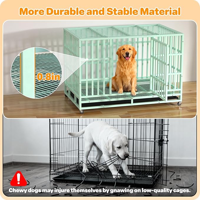 48 Inch Heavy Duty Dog Crate, Indestructible Escape-Proof Dog Kennel for High Anxiety Large Dogs, Strong Metal Pet Cage with Double Doors, Lockable Wheels & Removable Tray, XL XXL XXXL