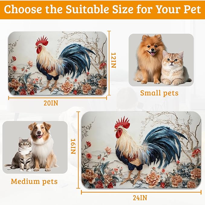 Dog Bowl Mat,Chicken Painting Pet Feeding Mat for Floors Waterproof,Flowers Absorbent Dogs Placemat for Food and Water Quick Dry Pet Cat Feeding Mats with Non Slip Bottom 12" x 20"