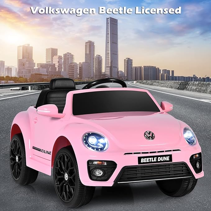 Costzon Ride on Car, 12V Licensed Volkswagen Beetle Battery Powered Vehicle w/Remote Control, Spring Suspension, Lights, USB, Horn, Music, 4 Wheeler for Boy Girl Gift, Electric Car for Kids, Pink