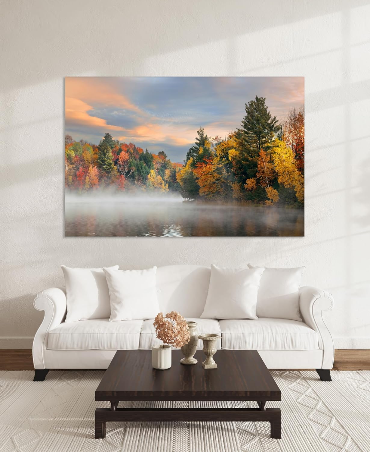 Nature Wall Art Prints - Ocean Forest Mountain Lake Canvas Landscapes - Small to Extra Large Living Room Bedroom Kitchen Bathroom Décor (Misty Fall Reflection, 20L" x 30W")