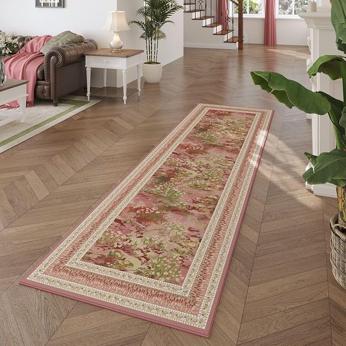 2x6 Runner Rug Impressionist-Style Vintage Kitchen Rugs Non Slip Washable Soft Carpet Runner for Kitchen Laundry Bedroom Bathroom, Pink
