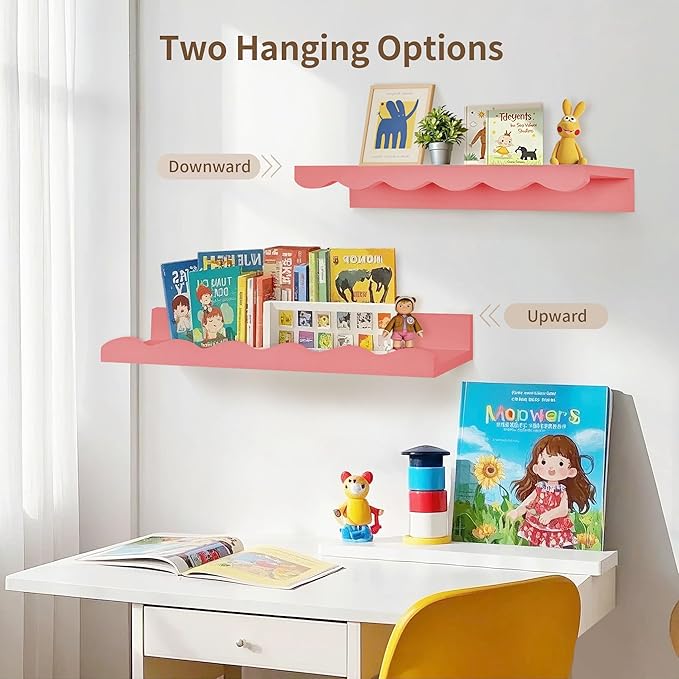 Nursery Book Shelves, 4 Pack Pink Floating Shelves for Wall, Wood Scalloped Shelves for Storage Books, Wall Book Shelf for Kids Rooms, Bedroom, Toddler Room, Baby Room, Nursery Decor