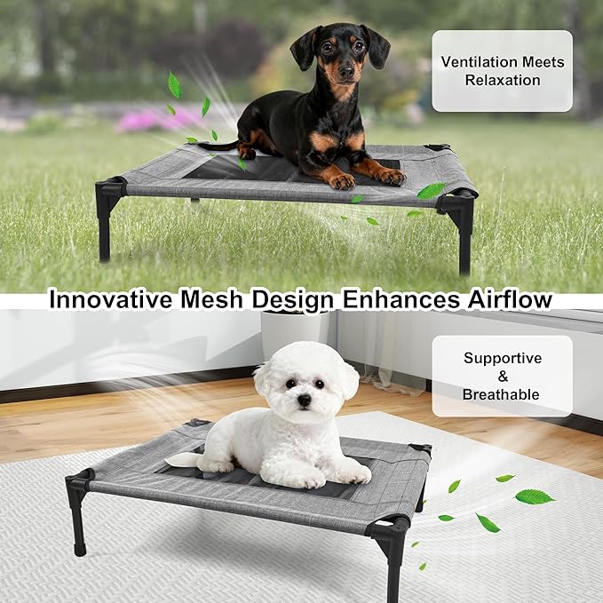 Raised Dog Bed Cooling Cot for Indoor Outdoor Use Portable Waterproof Mesh Pet Bed Washable for Large Medium Small Dogs, Grey