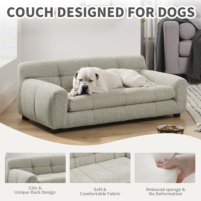 38" Pet Sofa Couch for Small and Medium Dogs, Soft Foam Cushion Dog Couch with Backrest & Armrests, Short Leg Stable Design, Durable Linen Fabric Pet Bed, Modern Style