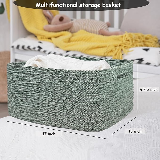 COMFY-HOMI Cotton Rope Woven Basket with Handles for Shelves,Toys,Book, Cloth Storage Baskets for Organizing-17" x 13" x 7.5" Toy Decorative Organizer for Living Room, Bathroom （Green）