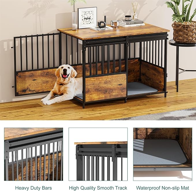 40 Inch Dog Crate Furniture with Cushion for Large Medium Dogs, Heavy Duty Dog Kennel with Double Doors, Decorative Indoor Pet Cage Side End Table with Sliding Door, Chew-Resistant, Brown
