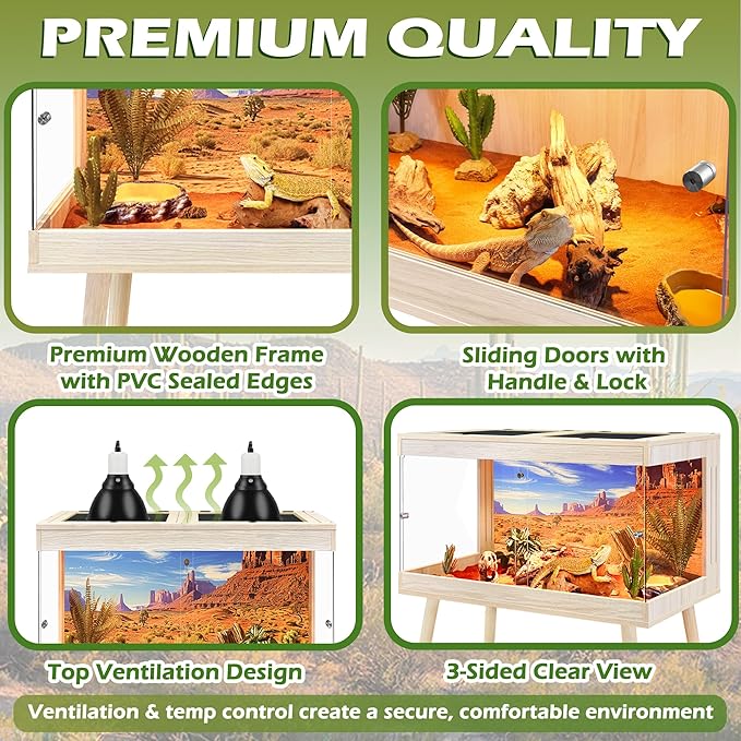ROYXEN Bearded Dragon Tank with Leg Stand,Tempered Glass Reptile Tank with Metal Mesh Top, 3-Side Clear Anti-Scratch Glass Lizard Tank,Snake Tank for Reptile Habitat (Oak, 24Gallons,24" Length)