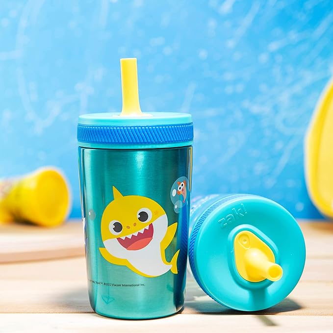 Zak Designs Baby Shark Kelso Tumbler Set, Leak-Proof Screw-On Lid with Straw, Bundle for Kids Includes Plastic and Stainless Steel Cups with Bonus Sipper (3pc Set, Non-BPA)15 fl oz.