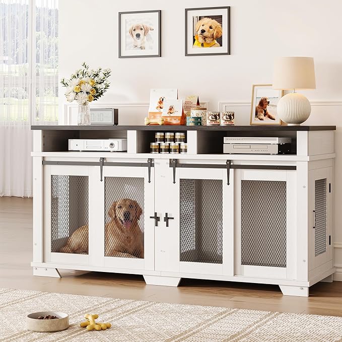 71'' Dog Crate Furniture for 2 Dogs, Extra Large Double Dog Kennel Indoor with Removable Divider and Storage Drawers, Wooden Dog Crate TV Stand for Large Medium Dogs