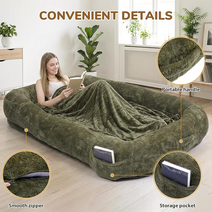 Human Dog Bed, 71 x 47 x 12 in Washable Extra Large Dog Bed for People, Giant DogBed with Storage Pockets, Green