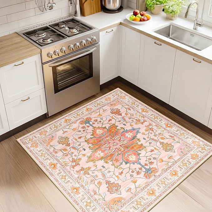 RELEANY Area Rugs Square 4ft Washable Non-Slip, Floral Vintage Distress