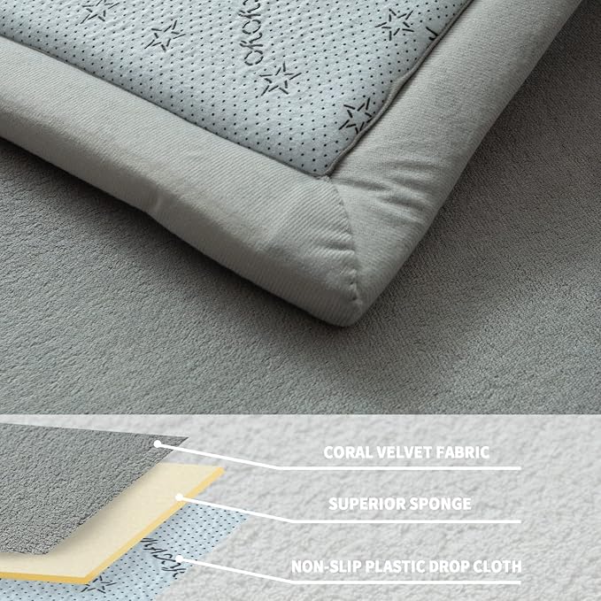 MAXYOYO Grey Coral Velvet Area Rug, Thick Japanese Tatami Mat Living Room Carpet with Non-Slip Backing, Large Solid Color Mat for Bedroom Dormitory Yoga, 78 by 78 inch