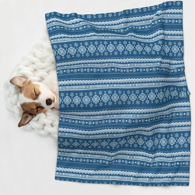 Boho Blanket for Pet - Blue White Snowflake Throw Blanket 40x30 Bohemian Couch Blankets for Puppy Dogs Cats