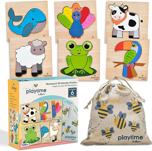 MAGIFIRE Wooden Puzzles for Toddlers 1-3 - 6-Pack Multicolor Cartoon Animal Puzzle Set - Large Easy-Grip Pieces for Small Hands with Storage Bag and Box