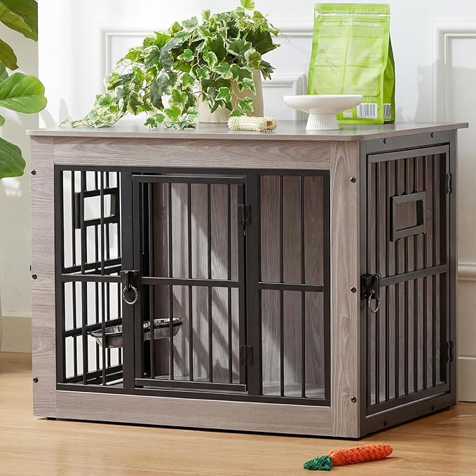 32 Inch Heavy Duty Dog Crate Furniture for Medium/Small Dogs, Decorative Pet House End Table with 3 Doors & Adjustable Bowls, Wooden Cage Kennel Furniture Indoor, Rustic Grey