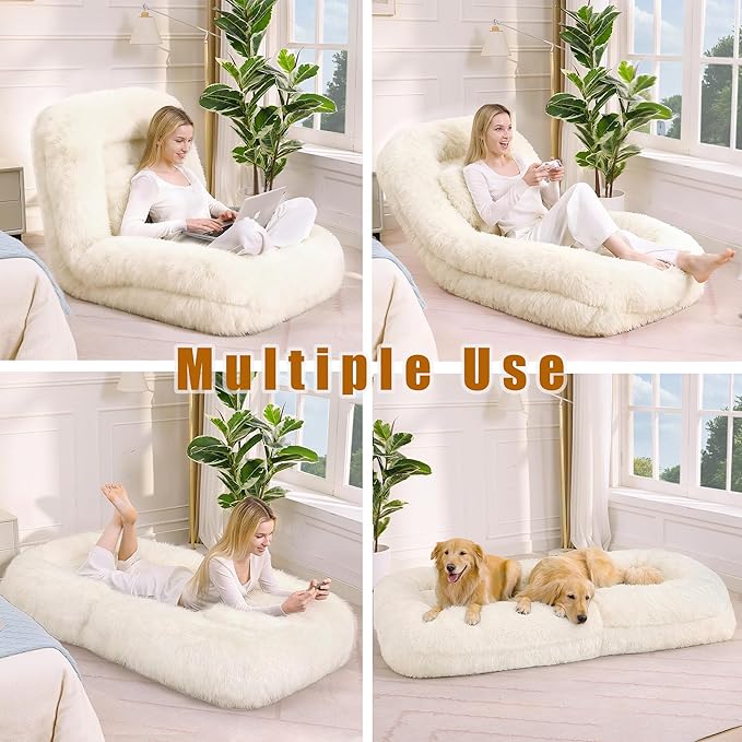 Beige Foldable Human Dog Bed - 69"x35"x12" Fits You & Pets with Comfy Pillow, Washable Faux Fur, Oversized Lounger Lazy Sofa Beds with 5 Adjustable Position